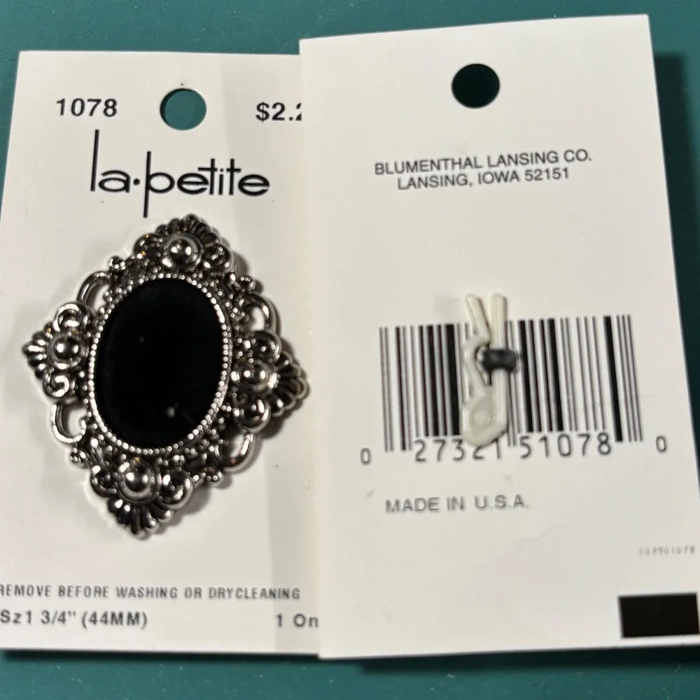 La Petite 1078 Ornate Silver Black Velvety Shank Buttons 1.75 Inch 44mm Set of 2